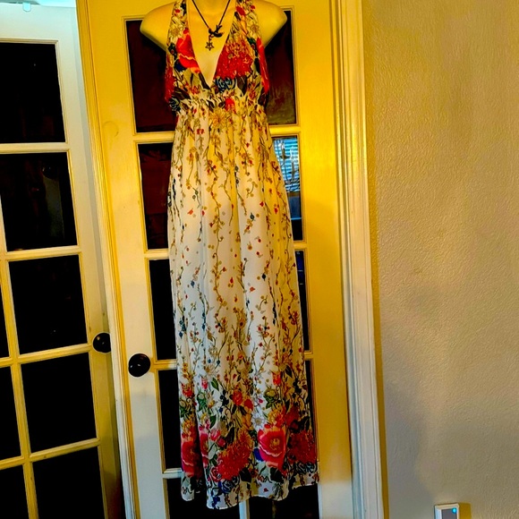 Full length floral print summer halter dress fully lined - Picture 1 of 8